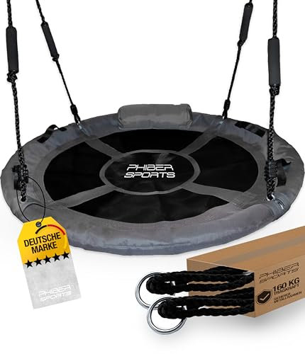 PHIBER-SPORTS Nestschaukel Outdoor Kinder - Ø 100cm - Mit Kissen + Haltegriffe + Höhenverstellbar - Wetterfest & Langlebig - Tellerschaukel Netzschaukel Nest Schaukel Rund Indoor