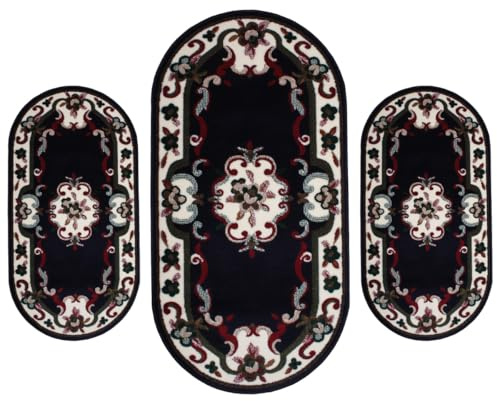 SaRani Tris Tappeto Scendiletto per Camera da letto 3 pezzi Ovale Classico Moderno Pelo Corto Motivo Floreale (Blu)