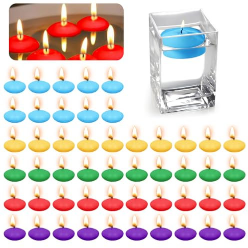 Schwimmkerzen, 50 Stück Schwimmende Kerzen, Wasserkerzen Schwimmkerze, Unparfümierte Schwimmkerzen, Teelichter Kerzen für Hochzeitspool, Valentinstagbadewanne, Partys (Blau+Grün+Lila+Gelb+Rot)