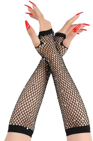1 pair Fishnet Rhinestone Gloves Long Fishnet Fingerless Gloves 80s Fish Net Gloves Fashion Fishnet Arm Sleeves Sparkly Mesh Gloves 80 s Emo Scene Accessories for Women Kids