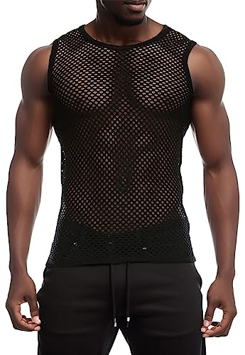 Mymyguoe Débardeur en Maille Transparente pour Homme, Sexy Débardeur Transparent pour Clubwear, Réseau Muscle Shirt Respirant, Haut à Col Rond, Débardeurs, Hauts en Réseau, Sous-Vêtement en Réseau