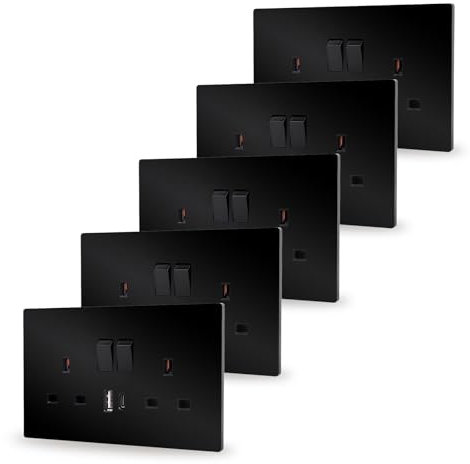 JIMEIDA Double Switched Power Socket 5 Pack Black 13 Amp with USB-A And Type-C Charging Ports PC Panel Wall Outlet Power Socket