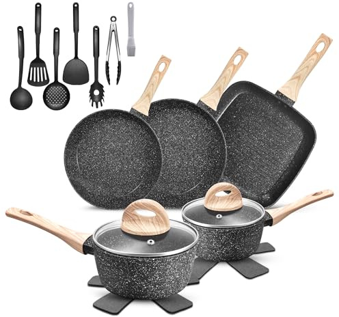 GTYZZH Pots and Pans Sets Non Stick, 19 Piece Black Granite Induction Hob Pan Set, 24/28cm Frying Pan, 18/20cm Saucepan, 28cm Grill Pan Kitchen Cookware Set Suitable for All Hobs, PFOA PFOS Free