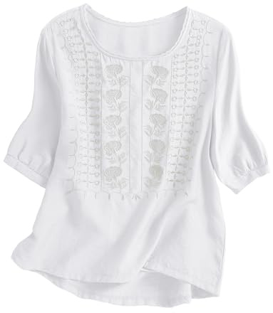 Kistore White Blouse for Women Embroidered Lace Trim Crew Neck Spring Summer Peasant Tops Short Sleeve Work Shirts XXL