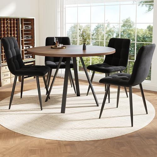 Crlnaup matgrupp (5 TLG), runt matbord, 80 × 80 × 75 cm matbord med 4 matstolar, runt soffbord för 4 personer, sammetssäten med valnöt färgat matbord, svarta matstolar