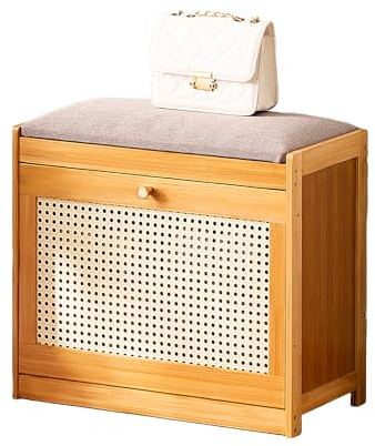 MumaHome Panca Scarpiera in Bambù con Cuscino Rimovibile, Portascarpe con Seduta Pannello Traspirante in Plastica ABS design Rattan, Ante Ribaltabile, 50x24x44cm, Colore Naturale (Piccolo)
