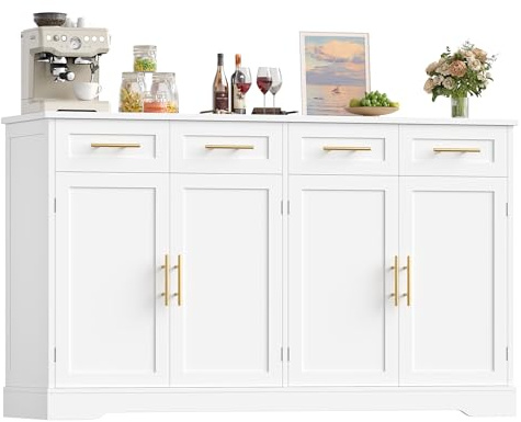 HOCSOK Credenza Cucina, 150 cm Madia Cucina con 4 Cassetti 4 Ante, Credenza Soggiorno con Maniglie in Metallo per Soggiorno, sala da pranzo, Ingresso, Mobile TV, 150×92×40 cm