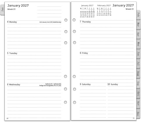 2027 dagbok påfyllning personlig storlek 6 hål, vecka på 2 sidor jan-dec 2027, veckoplaneringsinlägg med månatliga flikar, lösenord, anteckningar och kontakt, kompatibel med Filofax personlig