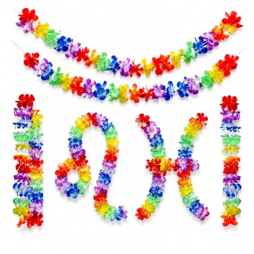4 Pack 12 m Multicolour Hawaiian Flower Lei Garland Decorations | Fabric Tropical Decor for Luau, Beach And Tiki Parties Indoors or Outdoors