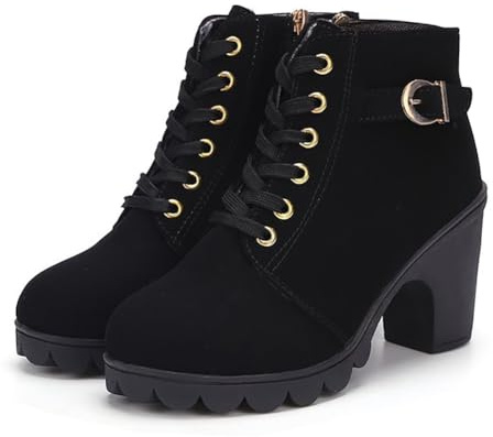 Dernolsea Women Lace Up Zip Heeled Ankle Boots | Faux Leather, Block Heel, Round Toe, Ladies Chunky Platform Boots