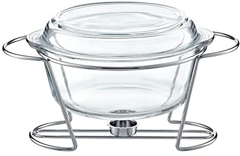 AMBITION Vorwärmer Hitzebeständiges Gefäß Saule 4 L Speisewärmer Glas Auflauffrom rund mit Deckel transparent im Gestell