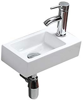 Wall Mounted Sinks, High Temperature Calcination Ceramic Handmade Small Size Rectangle Wash Basin Gloss White Simple and Elegant Modern Design for Bathroom, Cloakroom Toilet WC(Right Hand)