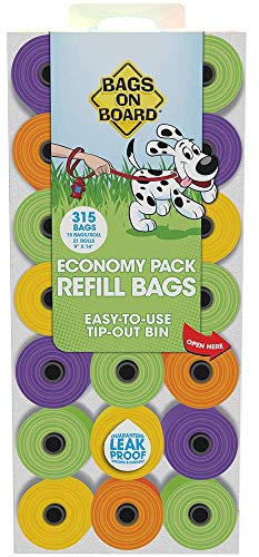Bags On Board Dog Poop Bags - Strong, Leak Proof Dog Waste Bags - 9 x14 Inches, 315 Multi-Colored Bags