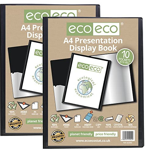 eco-eco Eco042 x 2 Präsentationsmappe, A4-Format, 50% recycelt, 10 Taschen, Schwarz, Präsentationsmappe mit Kunststoffhüllen (2 Stück), Schwarz