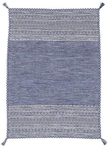 carpetfine Flachgewebeteppich Kelim Azizi Blau 240x340 cm | Moderner Teppich für Wohn- und Schlafzimmer