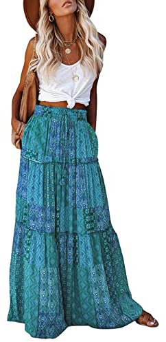 EARKOHA Womens Casual High Waist Tie Paisley Print Long Maxi Skirt with Pockets Green S