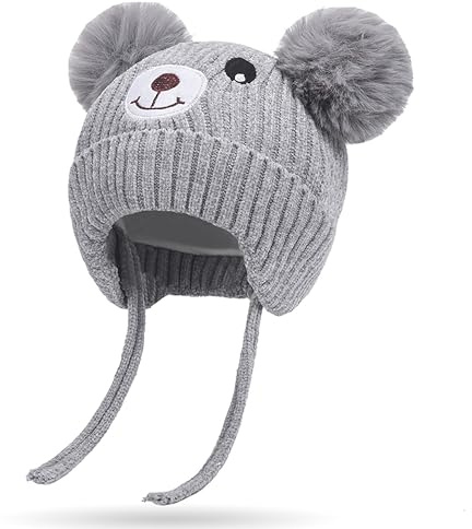 Atsmoce® Bonnets d'hiver pour Enfant Bonnet Tricoté avec Doublée en Polaire Bonnet Chaud pour Enfant avec Oreillettes et Attaches Convient aux Tout-Petits de 2 Ans à 6 Ans (Gris)