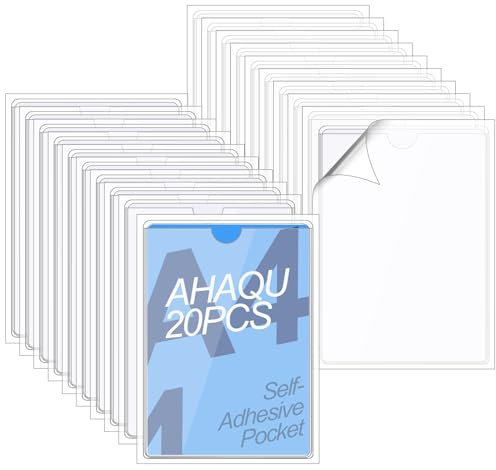 AHAQU 20 buste autoadesive formato A4, in plastica trasparente, porta permessi, portadocumenti appiccicosi, per casa, ufficio, scuola e viaggi
