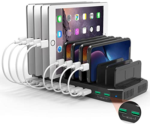 Alxum 96W 10 Ports Fast Charging Station (2*QC3.0+8 USB A Ports), Multi Tablets Charging Station for IPad/Smartphones/Kindles/Whatch Black