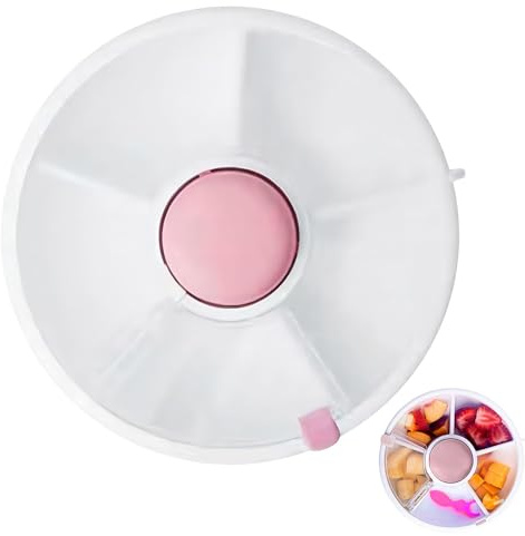 Hggzeg Organiseur de collations rotatif de qualité alimentaire pour enfants, étanche et anti-déversement, boîte à goûter portable avec 5 compartiments pour bonbons, noix et pique-nique (rose)
