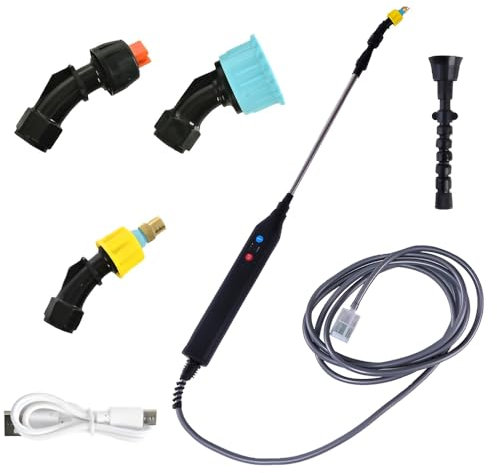 KBIBCK Akku Drucksprüher, Drucksprüher Elektrisch, Gartenspritze Drucksprüher Akku 5V, Elektrischer Gießstab mit 3Düsen & 5M Schlauch, Sprühgerät für Garten, Hof, Rasen und Unkraut (4)
