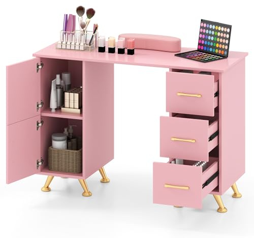 COSTWAY Tavolo per Manicure, Tavolo per Unghie con Cassetti, Cuscino Poggia Polsi e Gambe in Metallo, Stazione per Unghie Estetista Nail Art per Salone di Bellezza (Rosa)