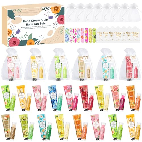 24SETS Hand Cream Gift for Women, 120PCS Christmas Gifts with Hand Creams,Lip Balms,Mini Nail Files,Organza Bags and Thank You Cards, Small Gift for Women, Christmas Gifts, Party Favors for Guests
