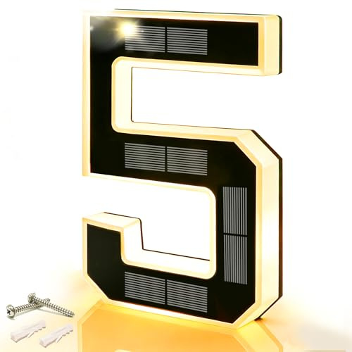 DIBMS 9 Inch Solar Lighted House Numbers for Outside, Waterproof LED Illuminated Address Sign, Personalized Digital Lamp for Home Exterior Residences Apartments Hotels Factories (Number 5-Black)