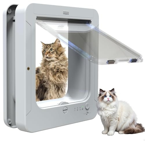 Microchip Cat Flap, Automatic Pet Door 11.5x10 with Collar Sensor, 4 Way Locking, Remote Control, Weatherproof for Cats & Small Dogs white