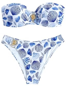 GORGLITTER Strapless Bikini Sets for Women UK Bandeau Top Swimsuits Shell Print Metal Ring 2 Piece Beach Swimwear Blue and White X-Large