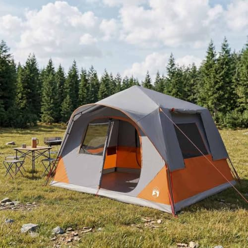 LoogCape Instant Tent with Roof, Grey Orange, 365 x 380 x 200 cm, Polyester Steel Frame, for 8 People, Pop-up Throw Tent for Beach, Camping, Festival, Summer, Rain Protection