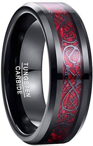 NUNCAD Mens and Womens Celtic Dargon Tungsten Carbide Ring Red Carbon Fiber Inlay Engagement Band Size U1/2