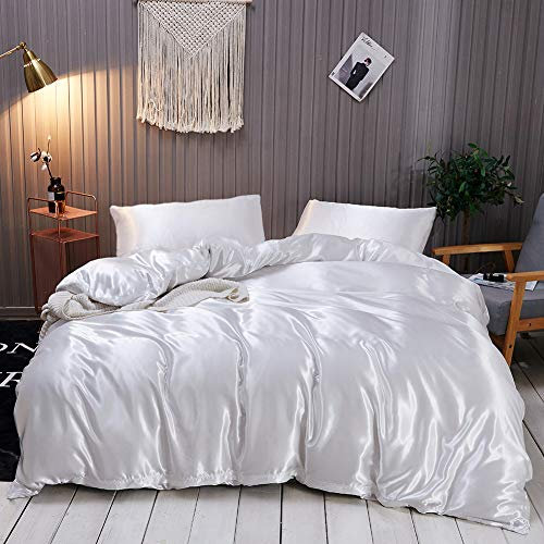 Omela Bettwäsche Set 135x200 Weiß Satin Uni Einfarbig Glanz Bettbezug 100% Glanzsatin Polyester Glatt Angenehm Sommerbettwäsche mit Reißverschluss Kissenbezug 80x80 cm