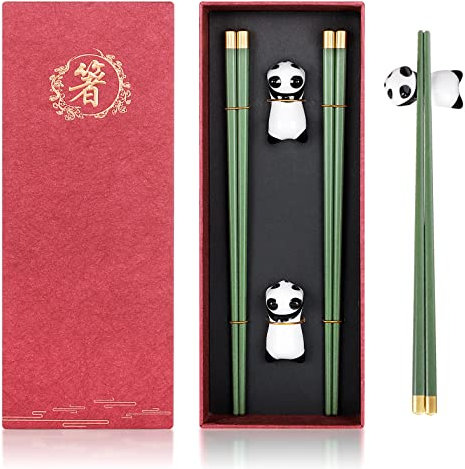 Palillos de vidrio reutilizables con soporte, juego de regalo chino, Japoneses palillos de aleación aptos para lavavajillas + soporte de cerámica para palillos de panda lindo (2 pares con soporte)