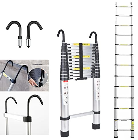 Jupitor 16FT Aluminum Telescoping Ladder with 2 Roof Ladder Hooks, Collapsible, Heavy Duty, 330 Pound Capacity