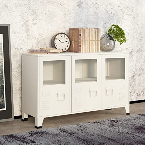 FIRBNUS 105x35x62 cm Industrial Sideboard Kommode mit Metallgriff Beistelltisch Highboard Schubladenschrank Schrank Anrichte Aufbewahrungsschrank Beistellschrank Weiß Metall und Glas
