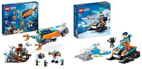 LEGO 60379 City Forscher-U-Boot Spielzeug, Unterwasser-Set mit Drohne & 60376 City Arktis-Schneemobil, Konstruktionsspielzeug-Set
