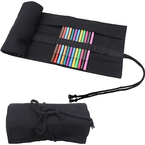 Yeria Trousse à Crayons à 72 Trous，Pencil Case pour Les étudiants Artistes，Trousse Crayon de Couleur Enroulable，Etui Stylo Multifonctionnelle en Toile (Noir)