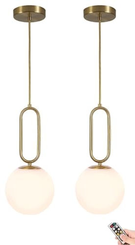 Wireless Pendant Lights Battery Operated Set of 2,USB Rechargeable Hanging Light with Remote Timer,Modern Globe Glass Gold Pendant Lighting Fixture for Bedroom Kitchen Island Dining Room (Color : GOL