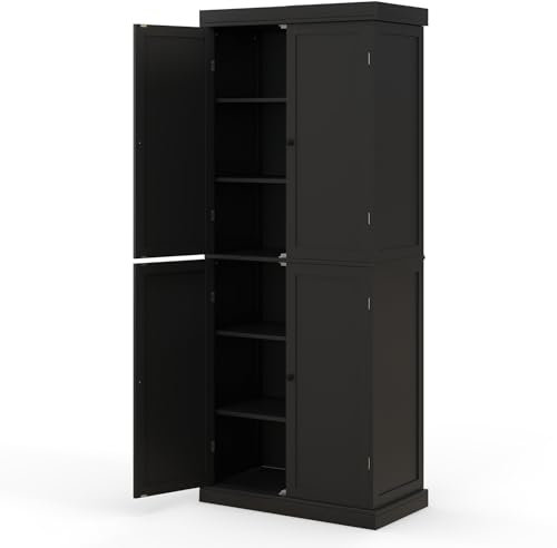 GiantexUK 184cm Tall Kitchen Cupboard, 6-Tier Pantry Storage Cabinet with 4 Doors, Adjustable Shelves & Anti-Tipping Device, Freestanding Kitchen Sideboard Units for Home Dining Living Room (Black)