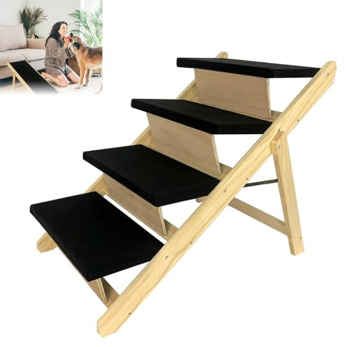 FIVMEN Hundetreppe 2 in 1 Hunderampe Holz Faltbar Höhenverstellbar Haustiertreppe mit Rutschfester Trittmatte Hunde Treppen für Bett Sofa, 100x47x63cm