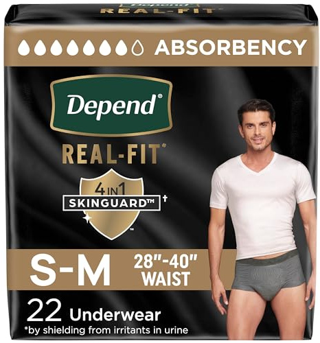 Depend Real Fit Incontinence Underwear for Men, Disposable, Maximum Absorbency, Small/Medium, Grey, 22 Count, Packaging May Vary