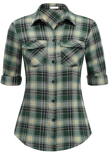 Zeagoo Camicetta da donna per Oktoberfest a quadri, a maniche lunghe, camicia tradizionale bavarese con scollo a V, in stile casual, blusa, nero/verde, M