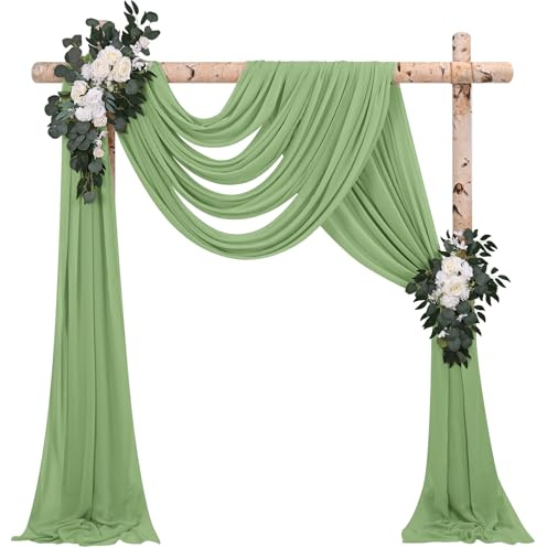 4 Panels Draping Fabric, 28 x 20Ft Sage Green Chiffon Sheer Wedding Arch Drapery for Ceremony Arch Stage Party Backdrop Ceiling Decor