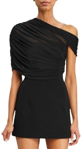 Auriselle Signore Mesh Patchwork Figura Abbracciando Mini Dress Scollo Asimmetrico A-Line Abiti Wrap Plissettato Manica Corta Stretch Party Club Breve Bodycon Slim Fit Abito Estivo, Nero, S-L