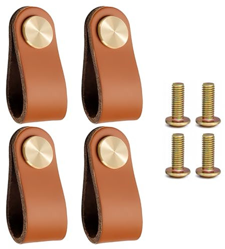 CJMUQHEHH 4 tiradores de cuero hechos a mano para muebles, 64 x 25 mm, con cabeza de latón, ideales para cajones, armarios y muebles, resistentes al agua, duraderos, para familias con niños