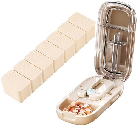 Tablettenschneider, Multifunktionaler Tablettenteiler für Kleine Tabletten, Tragbar Tablettenteiler 1/4 mit 7 Tage Medikamentenaufbewahrungsbox, für Kleine und Große Tabletten (Cremeweiß)