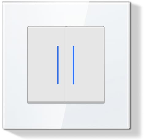 BSEEDLIFE Interrupteur Mural 2 Gang 2 Voie 86 * 86mm,Interrupteur Encastrable Modern avec Indicateur LED avec Cristal Cadre en Verre,Installation Facile,Blanc