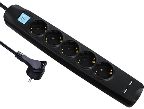 MAXTRACK NV58-1,5 l 5-vägs grenuttag med USB, platt skyddskontaktkontakt, 2 USB-laddningsuttag, flera uttag med handtag för att dra ut, kabelbindningsfixering, platsbesparande och robust