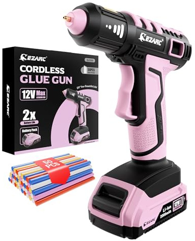 EZARC Pistola de Pegamento Caliente Inalámbrica, Calentamiento Rápido en 15s, 12V Pistola de Pegamento Mini para DIY, Reparaciones Caseras, Proyectos Escolares, Decoraciones, con 50 Barras Mini, Rosa